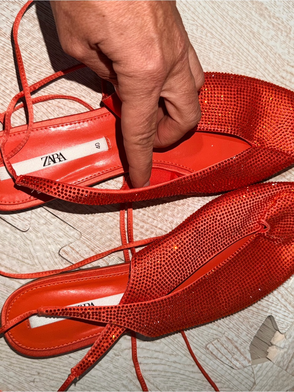 ZARA Red Jeweled Pointed Slingback Flats